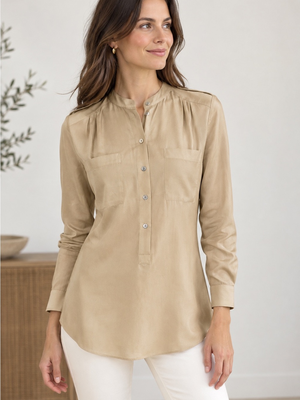 Ann Taylor Silk Tunic Blouse Size 4 Beige Mandarin Collar